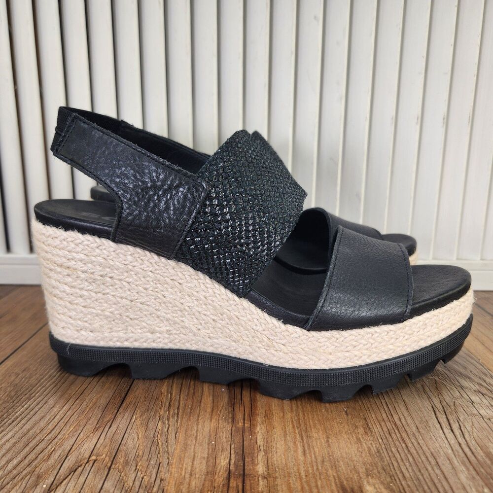 Sorel Joanie II Slingback Wedge Sandals Womens Sz 9.5 Black Espadrille Platform